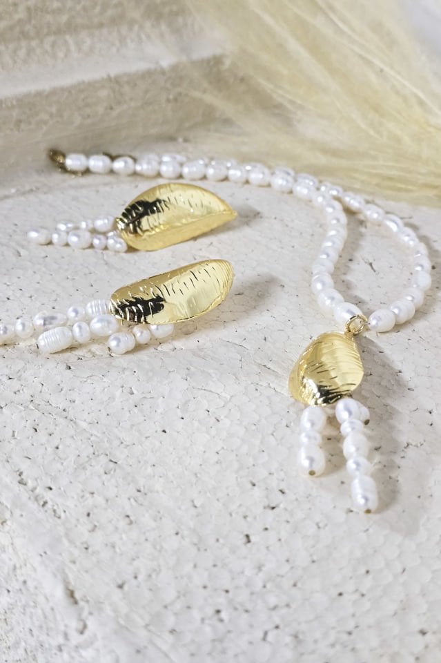 Oyster İncili Kolye Küpe Set