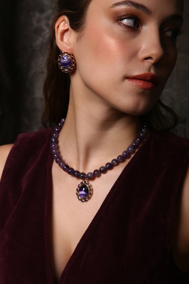 Velvet Nights Ametist Kolye Küpe Set (6.ve7.Çakra / Üçüncü Göz ve Tepe Çakrası )