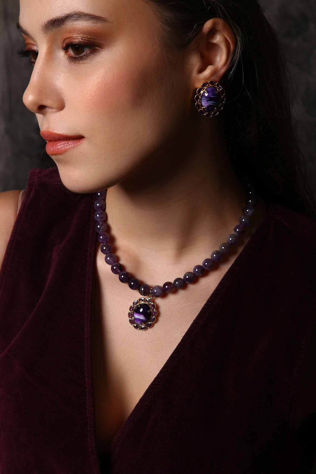 Velvet Nights Ametist Kolye Küpe Set (6.ve7.Çakra / Üçüncü Göz ve Tepe Çakrası )