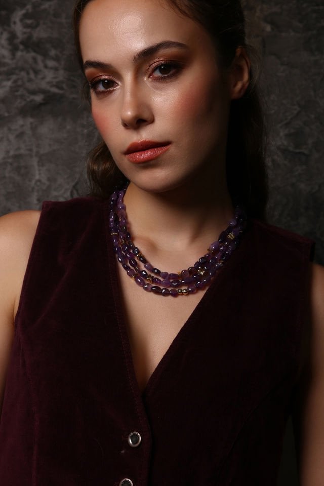 Üç Sıra Ametist Kolye Yüzük Set (6.ve7.Çakra / Üçüncü Göz ve Tepe Çakrası )