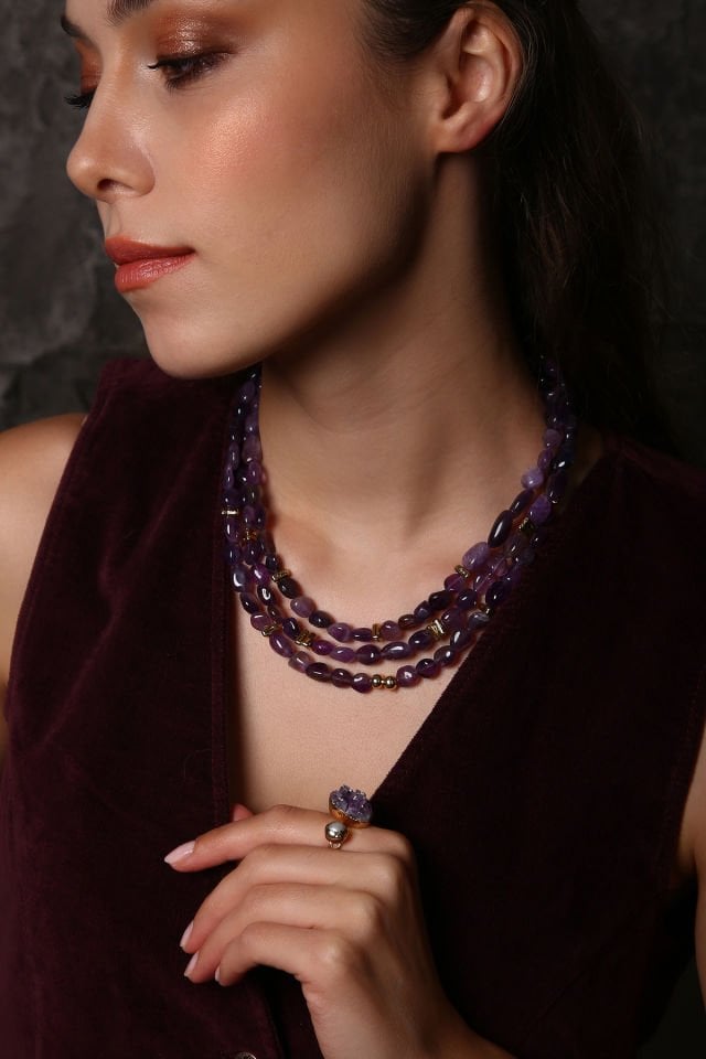 Üç Sıra Ametist Kolye Yüzük Set (6.ve7.Çakra / Üçüncü Göz ve Tepe Çakrası )