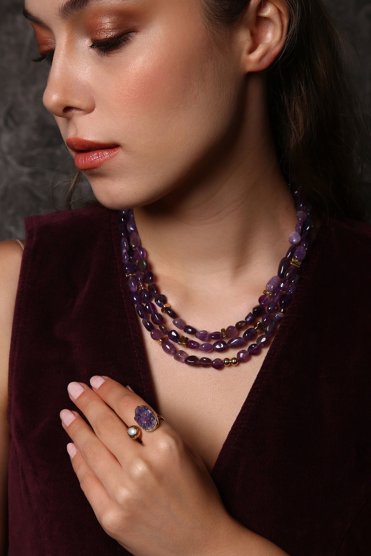 Üç Sıra Ametist Kolye Yüzük Set (6.ve7.Çakra / Üçüncü Göz ve Tepe Çakrası )