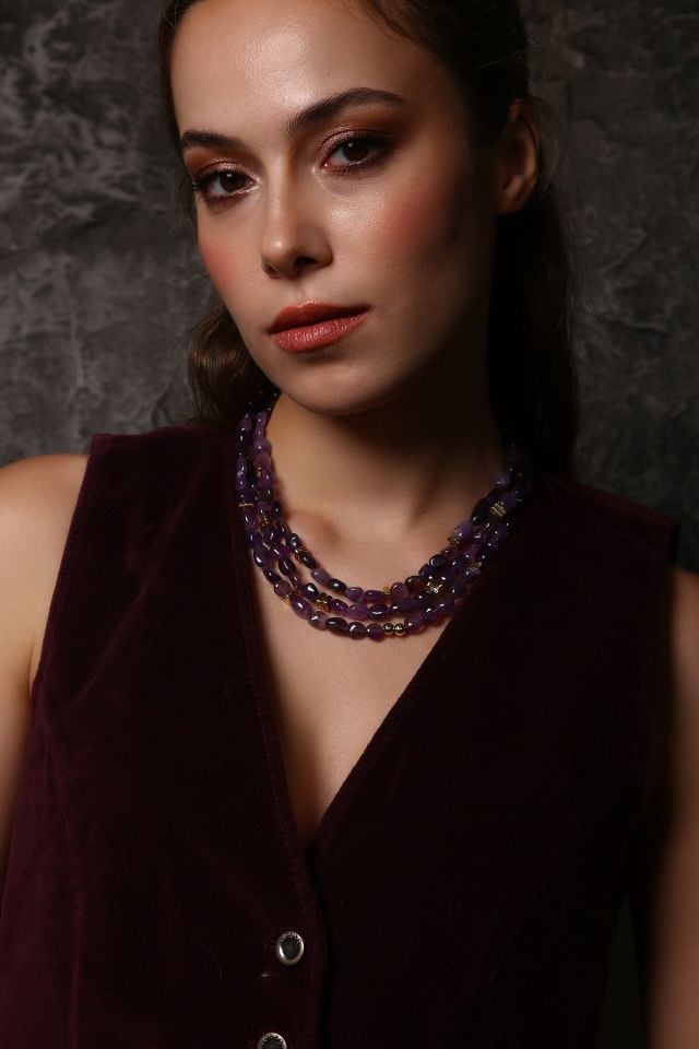 Üç Sıra Ametist Kolye (6.ve7.Çakra / Üçüncü Göz ve Tepe Çakrası )