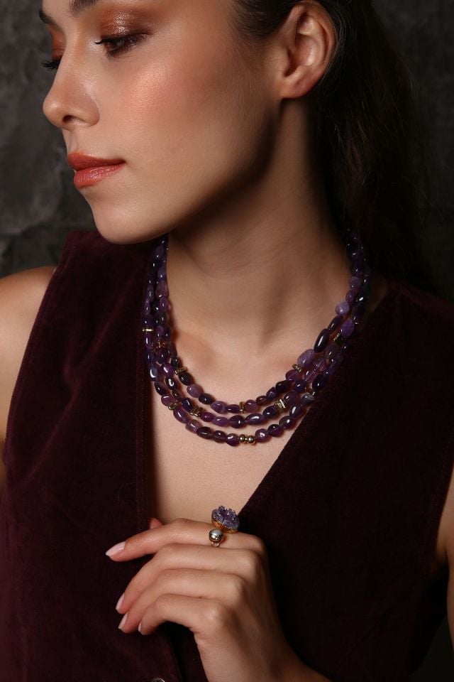 Üç Sıra Ametist Kolye (6.ve7.Çakra / Üçüncü Göz ve Tepe Çakrası )