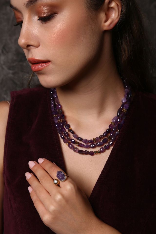 Üç Sıra Ametist Kolye (6.ve7.Çakra / Üçüncü Göz ve Tepe Çakrası )