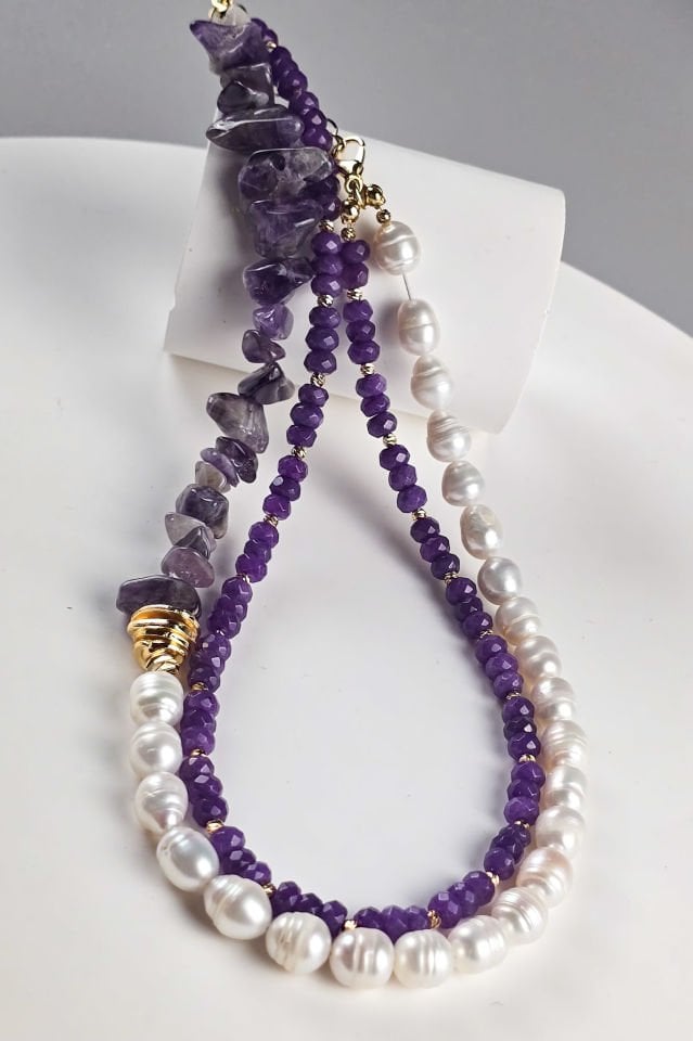 Ruhun Işıltısı İncili Ametist Kolye (6.ve7.Çakra / Üçüncü Göz ve Tepe Çakrası )