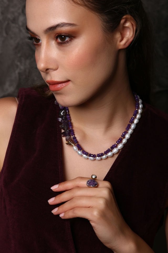 Ruhun Işıltısı İncili Ametist Kolye (6.ve7.Çakra / Üçüncü Göz ve Tepe Çakrası )