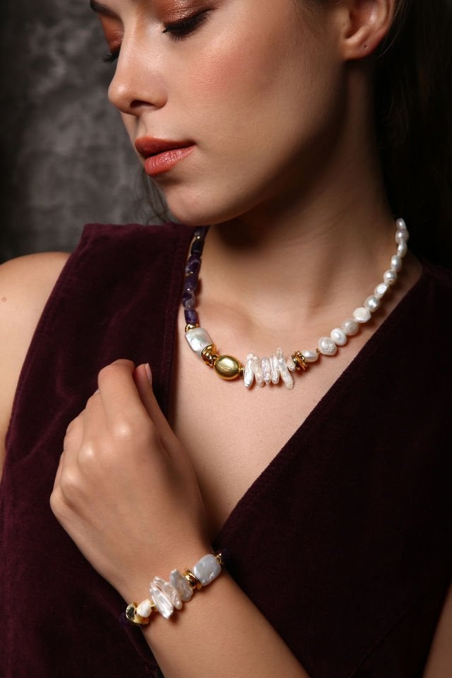 Golden Harmony Ametist İncili Kolye Bileklik  Set(6.ve7.Çakra / Üçüncü Göz ve Tepe Çakrası )