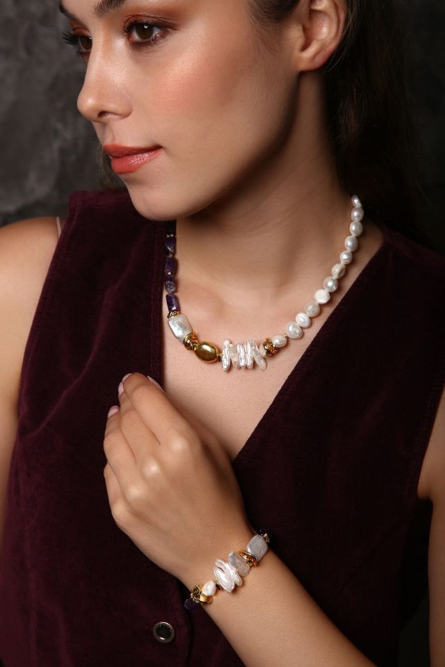 Golden Harmony Ametist İncili Kolye Bileklik  Set(6.ve7.Çakra / Üçüncü Göz ve Tepe Çakrası )