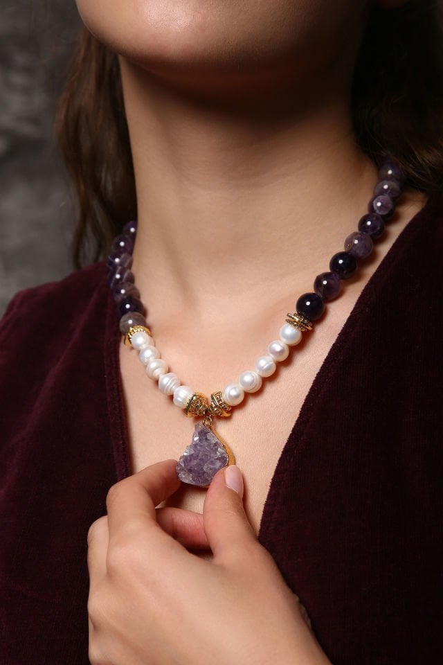 Mor Serenat İncili Ametist Kolye (6.ve7.Çakra / Üçüncü Göz ve Tepe Çakrası )