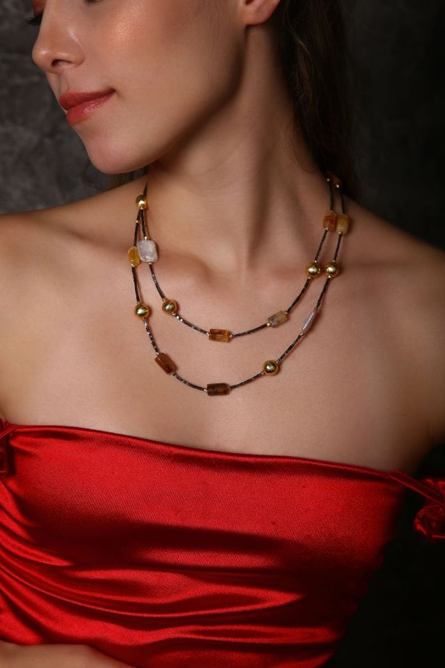 Barok İnci &  Sitrin Uzun Kolye (3.Çakra/Solar Pleksus Çakra Taşı