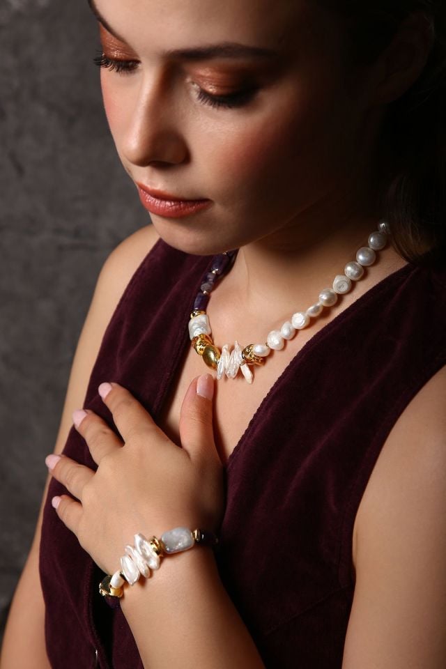 Golden Harmony Ametist İncili Bileklik (6.ve7.Çakra / Üçüncü Göz ve Tepe Çakrası )