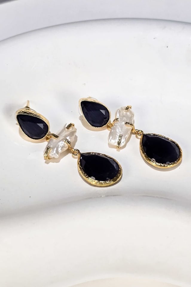 Midnight Drop İncili Kedi Gözü Küpe